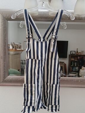 Forever 21 Navy and White Striped Short Overalls
